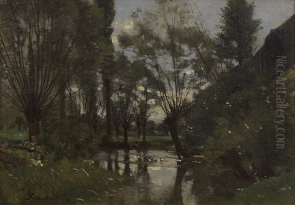 Mare Aux Canards Bordee De Saules Oil Painting by Francois Louis Francais