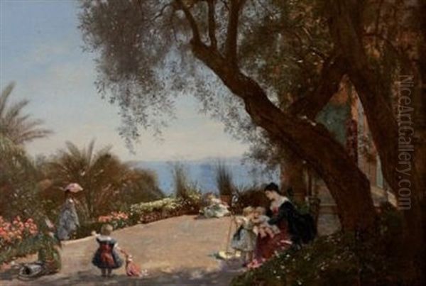 Sur La Terrasse (collab. W/henri Charles Antoine Baron) Oil Painting by Francois Louis Francais