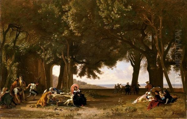 Gesellschaft Beim Boulespiel In Einem Park (collab. W/henri Charles Antoine Baron) Oil Painting by Francois Louis Francais