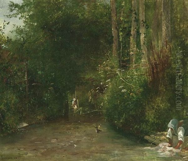 Wascherinnen Am Waldbach Oil Painting by Francois Louis Francais