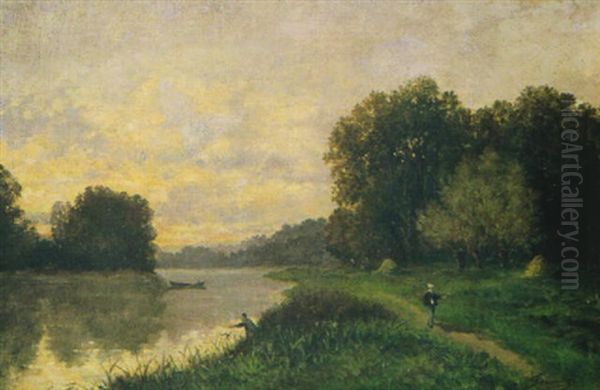 Flusslandschaft Mit Angler Und Ruderboot Oil Painting by Francois Louis Francais