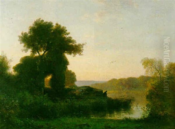 Fisherman In A River Landscape Oil Painting by Francois Louis Francais