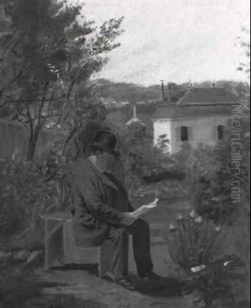 Homme Lisant Dans Son Jardin Oil Painting by Francois Louis Francais