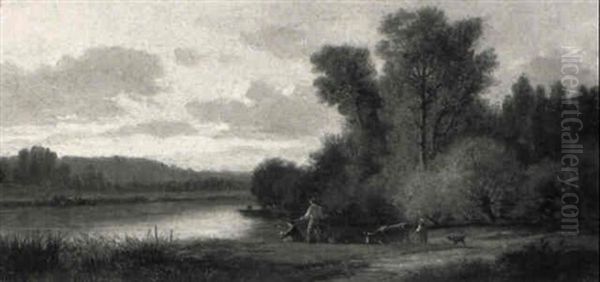 Flusslandschaft Mit Anglern, Hirtin, Kuh Und Hund Oil Painting by Francois Louis Francais