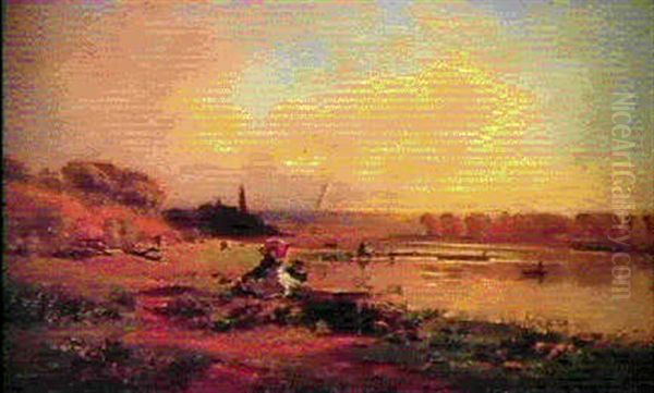 Pecheur Et Elegante Au Bord Du Fleuve Oil Painting by Francois Louis Francais