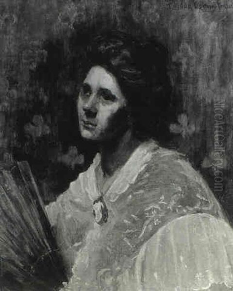 Portrait Of A Lady Wearing A White Shawl With A Hand Fan Oil Painting by Eurilda Loomis France