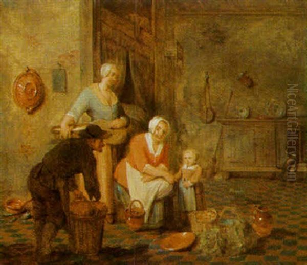 Kitchen Interior With Peasants Oil Painting by Leonard de France