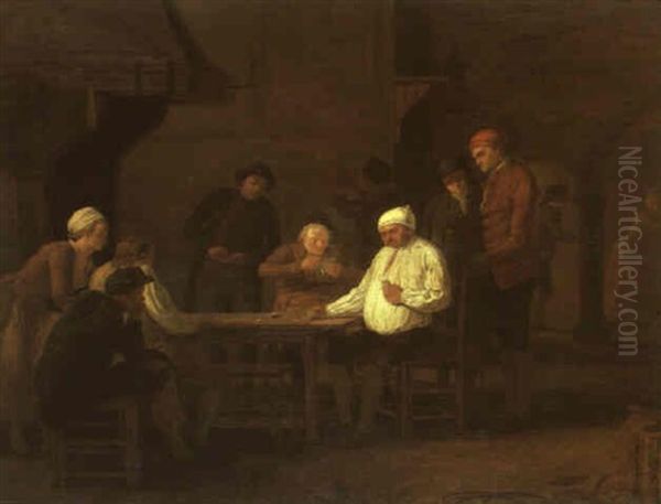 Card Players In An Inn Oil Painting by Leonard de France