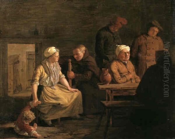 A Mother Restraining Her Child Whilst Talking To A Friar    Seated At A Table Where Four Peasants Drink Oil Painting by Leonard de France