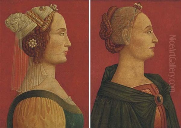 Portrait Of A Lady, Bust-length In Profile, Wearing A Headdress With A Veil (+ Portrait Of A Lady, Bust-length In Profile, Wearing A Headdress And A Green Cloak; Pair) Oil Painting by Piero della Francesca