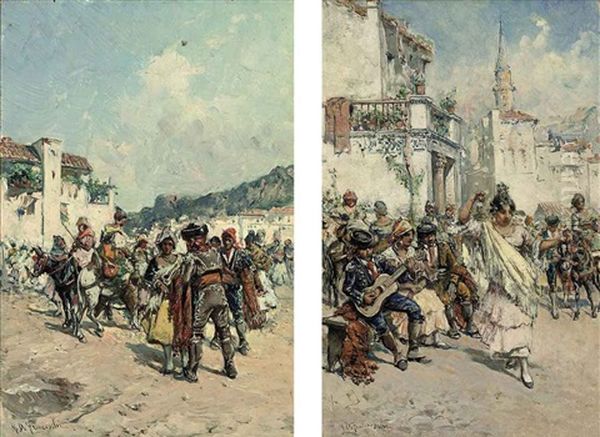 A Fiesta In The Market Square (+ A Busy Spanish Street; Pair) Oil Painting by Mariano De Franceschi