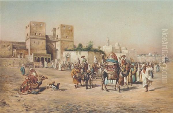 Departing From An Arabic Town Oil Painting by Mariano De Franceschi