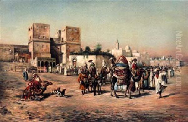 Departing From An Arabic Town Oil Painting by Mariano De Franceschi