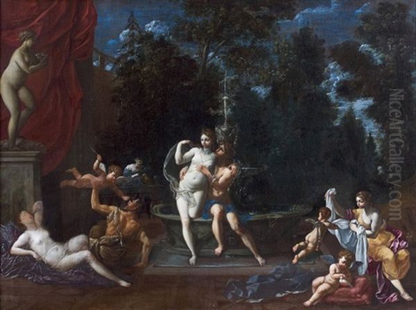 Couple Devant Une Fontaine Dans Un Paysage Anime De Nymphes Et De Putti Oil Painting by Marc Antonio Franceschini