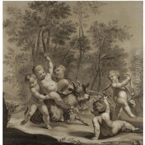 Five Cherubs Playing With A Goat In A Wood Oil Painting by Marc Antonio Franceschini