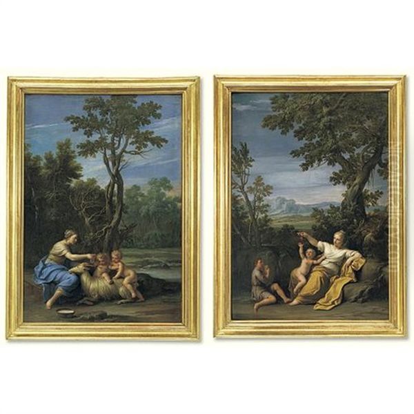 Pastoral Scene With A Young Mother, Frolicking Children And A Goat (+ Pastoral Scene With A Maiden Offering Cherries To A Child; Pair) by Marc Antonio Franceschini