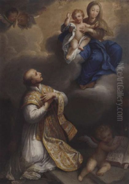 The Madonna And Child Appearing To A Bishop Saint Oil Painting by Marc Antonio Franceschini