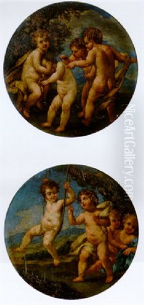 Putti Disporting In A Landscape Oil Painting by Marc Antonio Franceschini