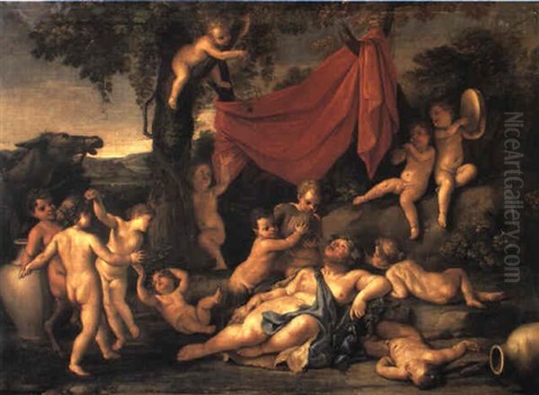 The Drunken Silenus Surrounded By Satyrs, Nymphs, Putti Oil Painting by Marc Antonio Franceschini