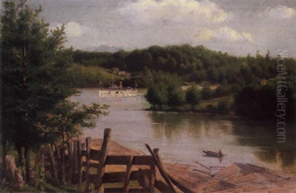 Riverscape With Steamer Oil Painting by Joseph-Charles Franchere