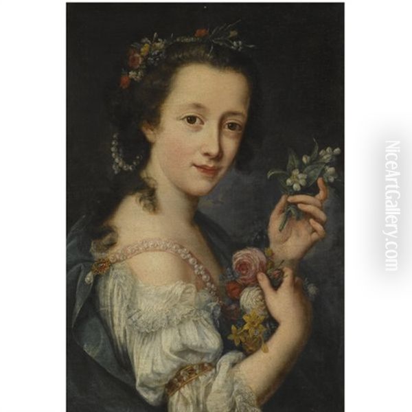 Portrait Of A Young Girl, Half Length, With Pearls In Her Hair, Holding Flowers Oil Painting by Antonio (Lucchese) Franchi