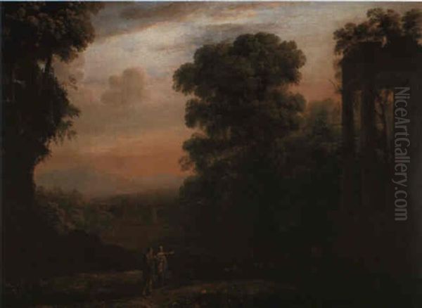 An Italianate Wooded Landscape At Sunset With Shepherds & A Ruined Temple Oil Painting by Rossello di Jacopo Franchi