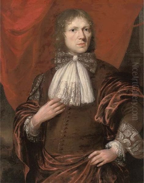 Portrait Of A Gentleman In A Brown Waistcoat And Red Wrap, A Partly-draped Wall Behind Oil Painting by Lucas Franchoys the Younger