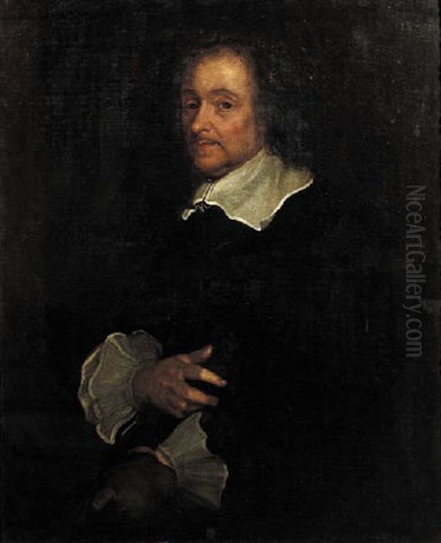 Portrait Of A Gentleman, Wearing Black Costume With Lace Collar And Cuffs Oil Painting by Lucas Franchoys the Younger