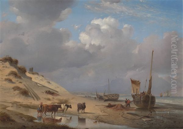 Dutch Coast With Cattle And Ships At Low Tide Oil Painting by Alexandre Thomas Francia