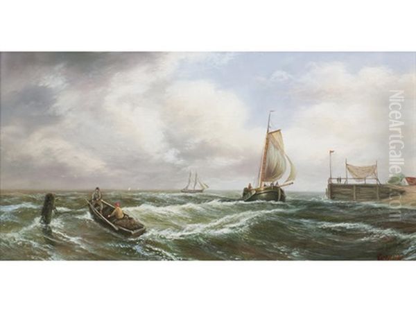 Mooring In Rough Seas (+ Another; Pair) Oil Painting by Alexandre Thomas Francia