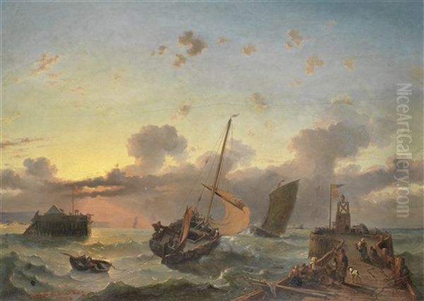 A Fishing Lugger At The Entrance To Boulogne, France Oil Painting by Alexandre Thomas Francia