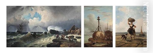 Saving A Shipwrecked Crew, The Day's Catch, And Figures Smoking At A Lighthouse (3 Works) Oil Painting by Alexandre Thomas Francia