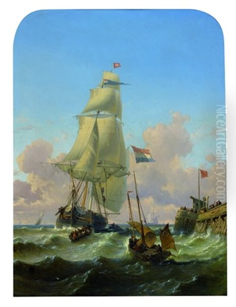 Le Navire Fanny Pres D'un Ponton Anime De Nombreux Personnages Oil Painting by Alexandre Thomas Francia