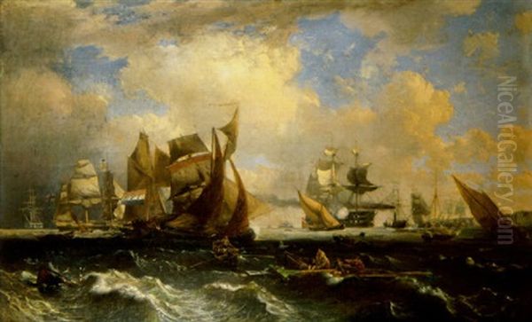 A Sea Piece With Fishing Boats And Other Shipping, A Naval Engagement Beyond Oil Painting by Alexandre Thomas Francia