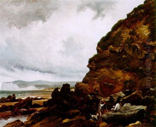 A Rocky Coastal Landscape At Cape Gurney With Figures In The Foreground Oil Painting by Alexandre Thomas Francia