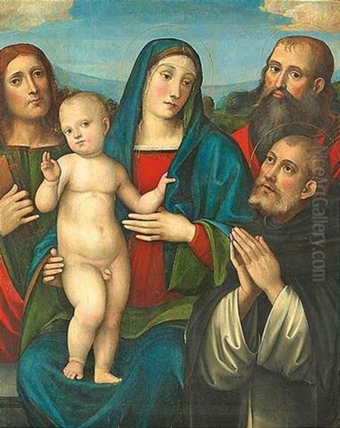 Madonna Mit Kind Und Den Heiligen Johannes D. Taufer, Paulus Und Domenikus Oil Painting by Francesco Francia