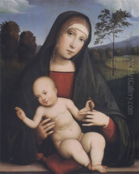 Madonna With The Christ Child Holding A Bird, A Distant Landscape Beyond Oil Painting by Francesco Francia