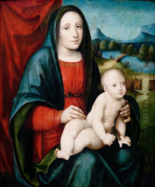 Die Madonna Mit Dem Christusknaben, Der Einen Stieglitz In Der Hand Halt, Vor Landschaftshintergrund Oil Painting by Giacomo Francia