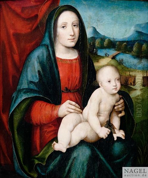 Die Madonna Mit Dem Christusknaben, Der Einen Stieglitz In Der Hand Halt, Vor Landschaftshintergrund Oil Painting by Giacomo Francia