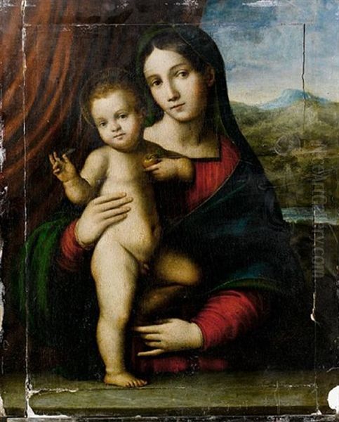 The Madonna And Child Before A Red Curtain, A View To A Landscape Beyond by Giacomo Francia