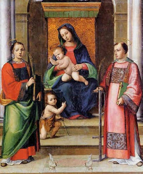 Madonna Col Bambino, San Giovannino, I Santi Stefano E Lorenzo E Due Confratelli Dei Battuti Bianchi Oil Painting by Giacomo Francia