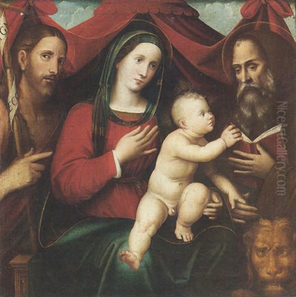 A Sacra Conversazione: The Madonna And Child Flanked By Saints John The Baptist And Jerome (?) Oil Painting by Giacomo Francia