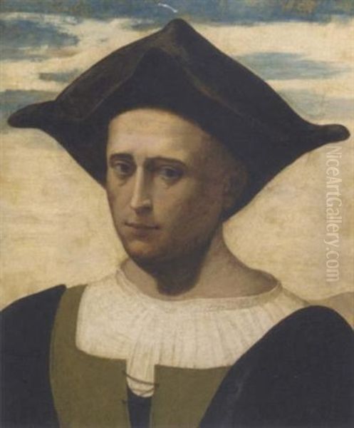 Portrait Of A Man In A Green And Black Jacket With White Shirt And Black Hat Oil Painting by  Franciabigio