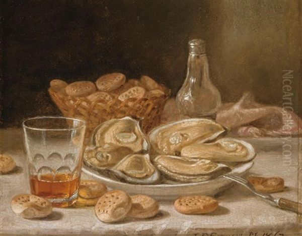 Still Life With Oysters, Whiskey And Biscuits (+ Still Life With Grapes And Apples; Pair) Oil Painting by John F. Francis