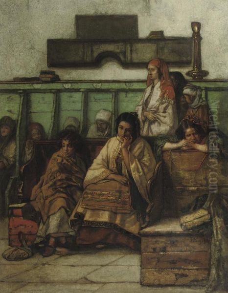 Le Banc Des Femmes A La Synagogue De Prague: In The Synagogue Oil Painting by Henri Auguste