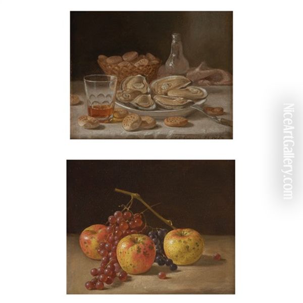 Still Life With Oysters (+ Still Life With Grapes And Apples; 2 Works) Oil Painting by John F. Francis