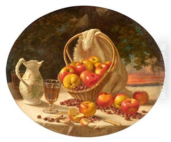 Still Life Of Apples And Nuts In A Basket, A Sunset In The Distance Oil Painting by John F. Francis