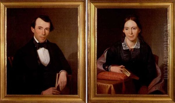 Portrait Of A Man  And Woman Holding A Book (pair) Oil Painting by John F. Francis