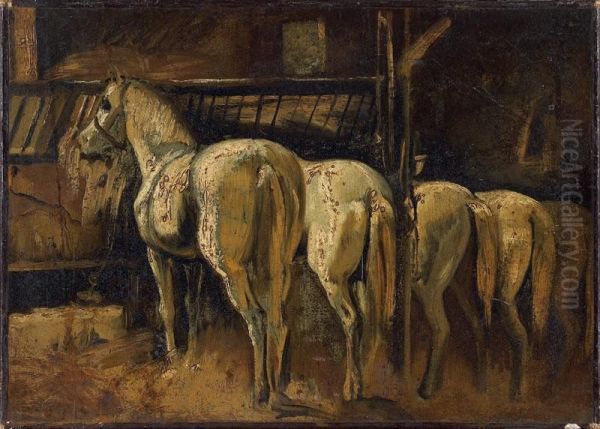 Cinq Croupes De Chevaux A L'ecurie Oil Painting by Jules Robert Auguste