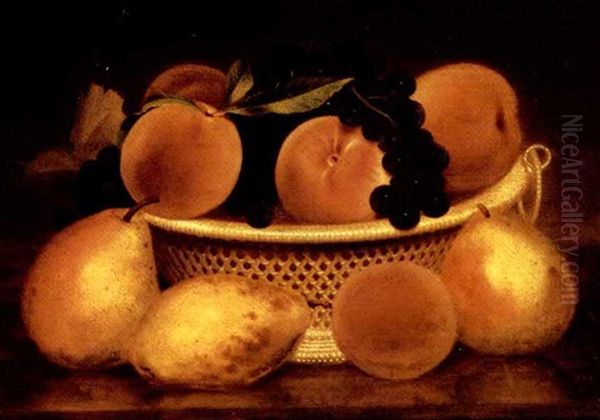 Pears, Peaches And Grapes In A Woven Basket Oil Painting by John F. Francis